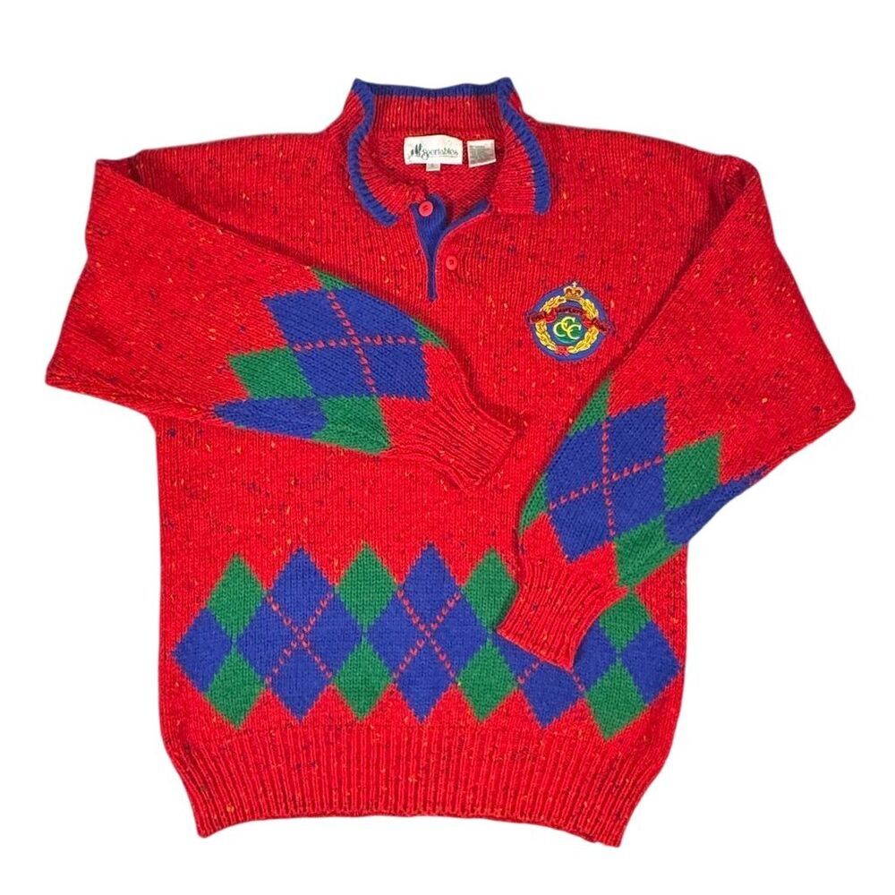 Sportables Men's Vintage Argyle Golf Sweater Red Collared Pullover L